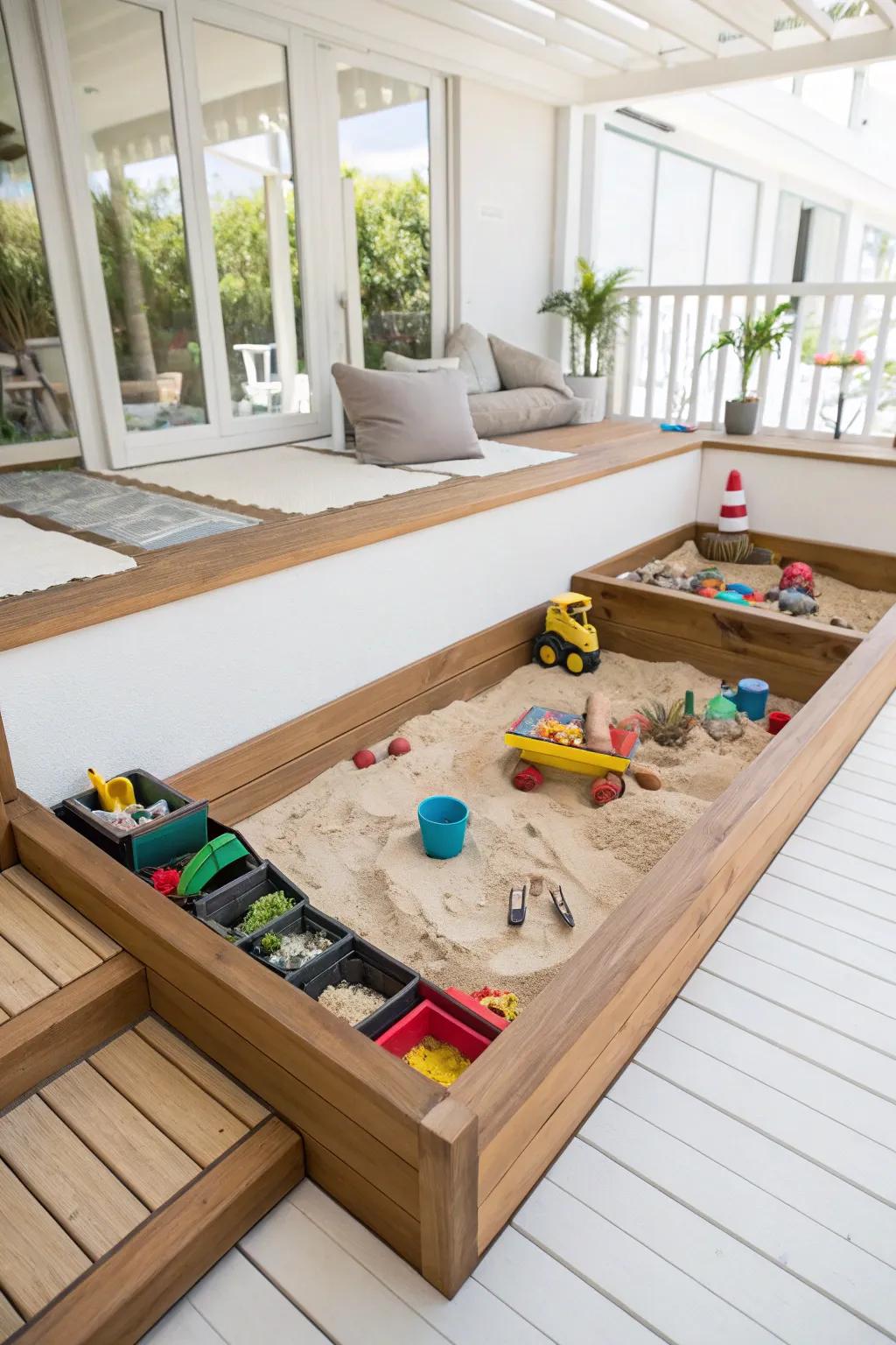 A tidy elevated sandbox with practical raised edges.