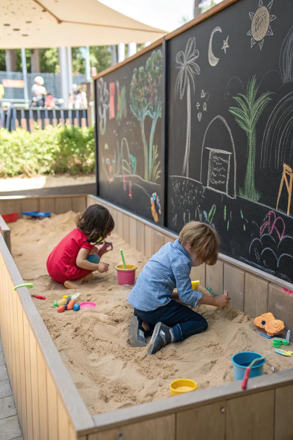 A sandbox with art walls, inspiring creativity and fun.