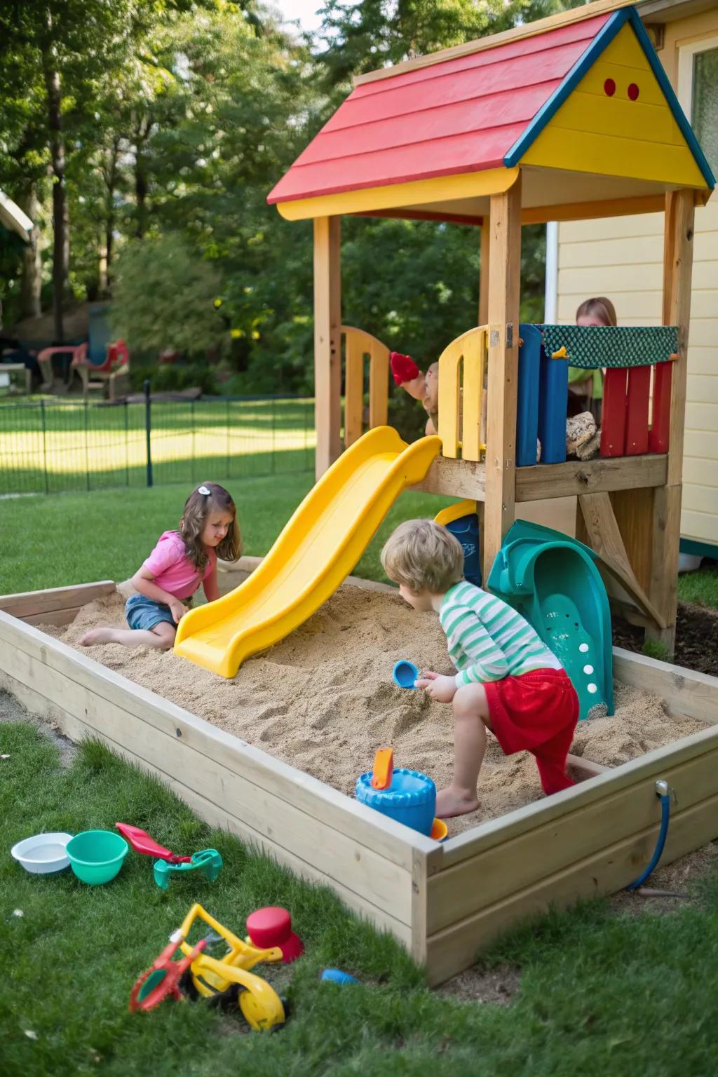 A playful combination of sandbox and slide for double the fun.