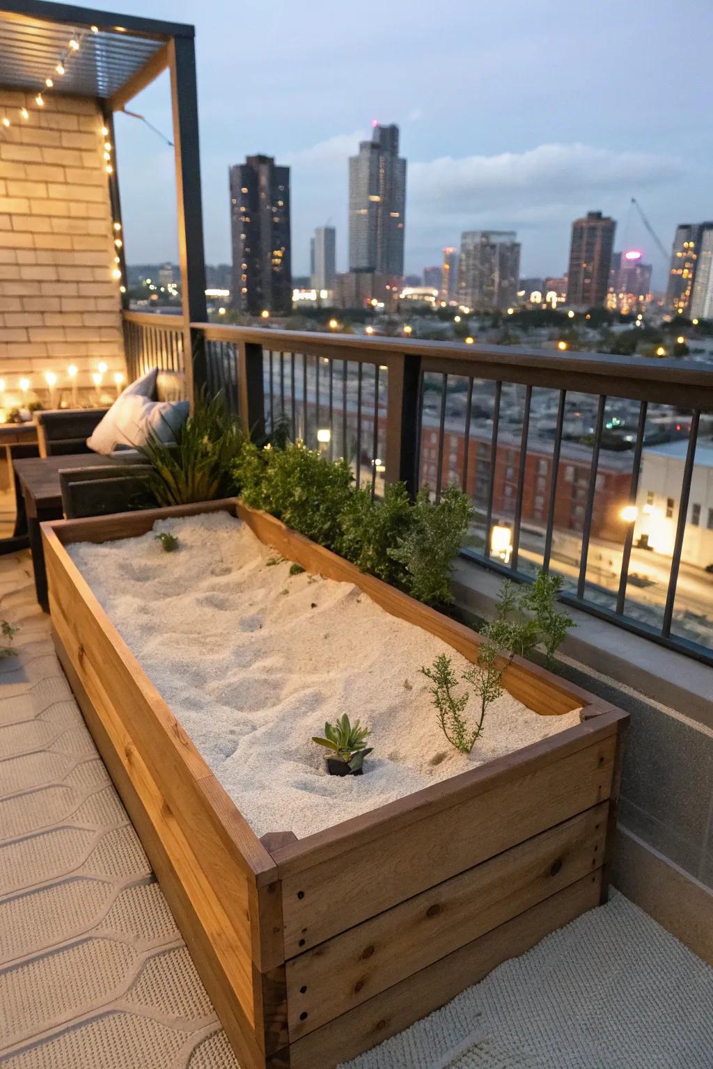 A space-saving urban sandbox, ideal for city dwellers.