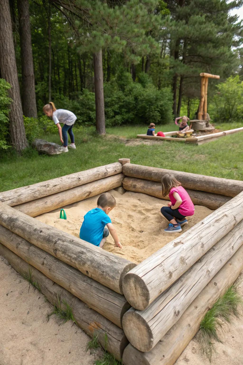 A rustic sandbox framed with logs, perfect for nature lovers.