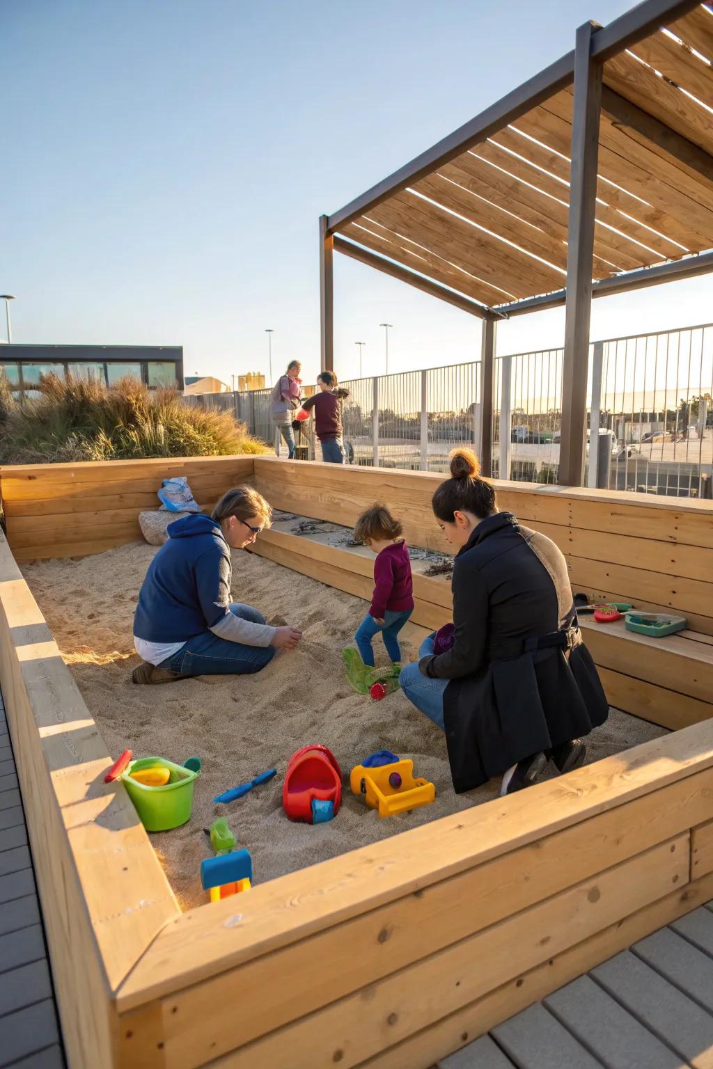 A comfortable sandbox with convenient seating.