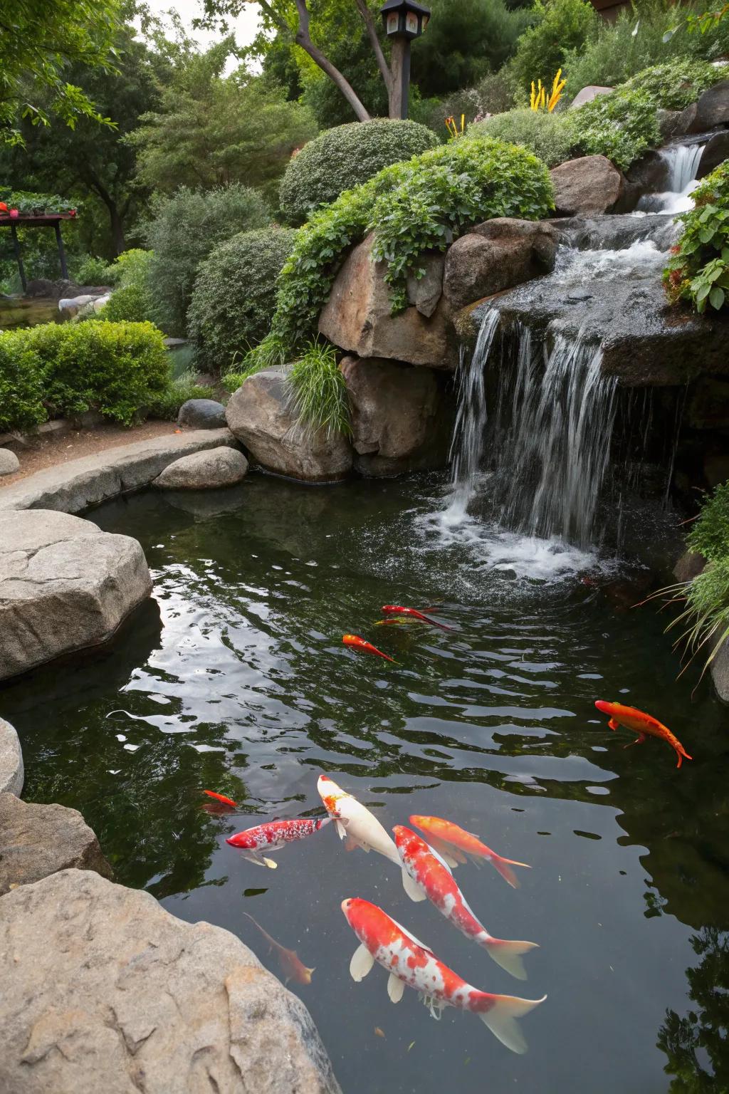 A koi pond with a gentle waterfall adding movement and tranquility.