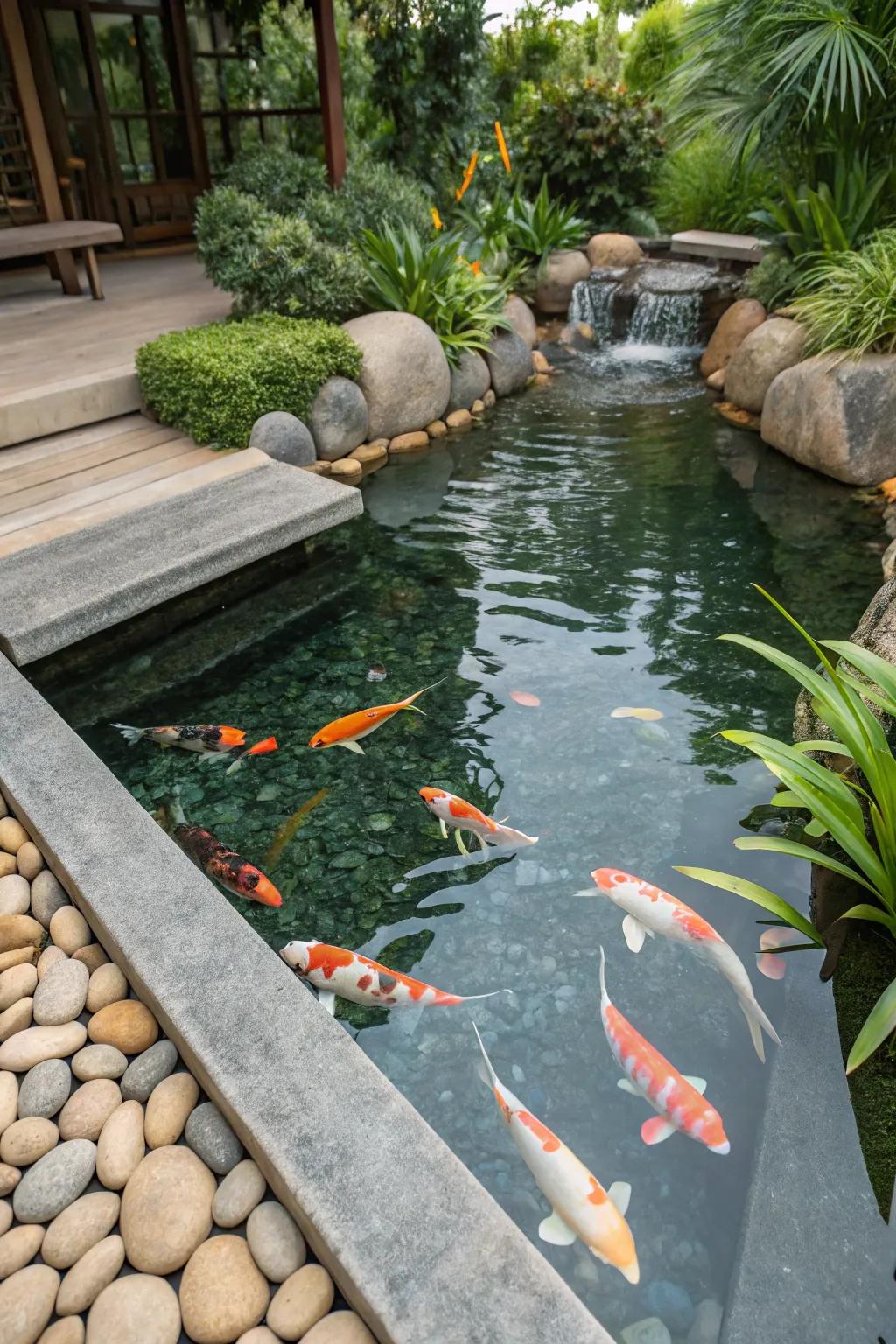A raised koi pond provides a distinct visual appeal.