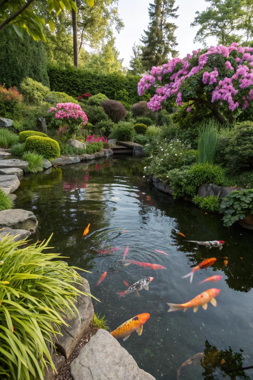 A koi pond bordered by rich greenery and vibrant plants.