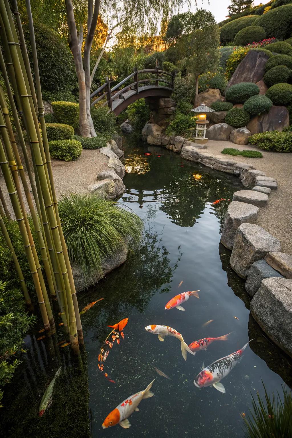 A koi pond with serene Japanese-inspired elements.