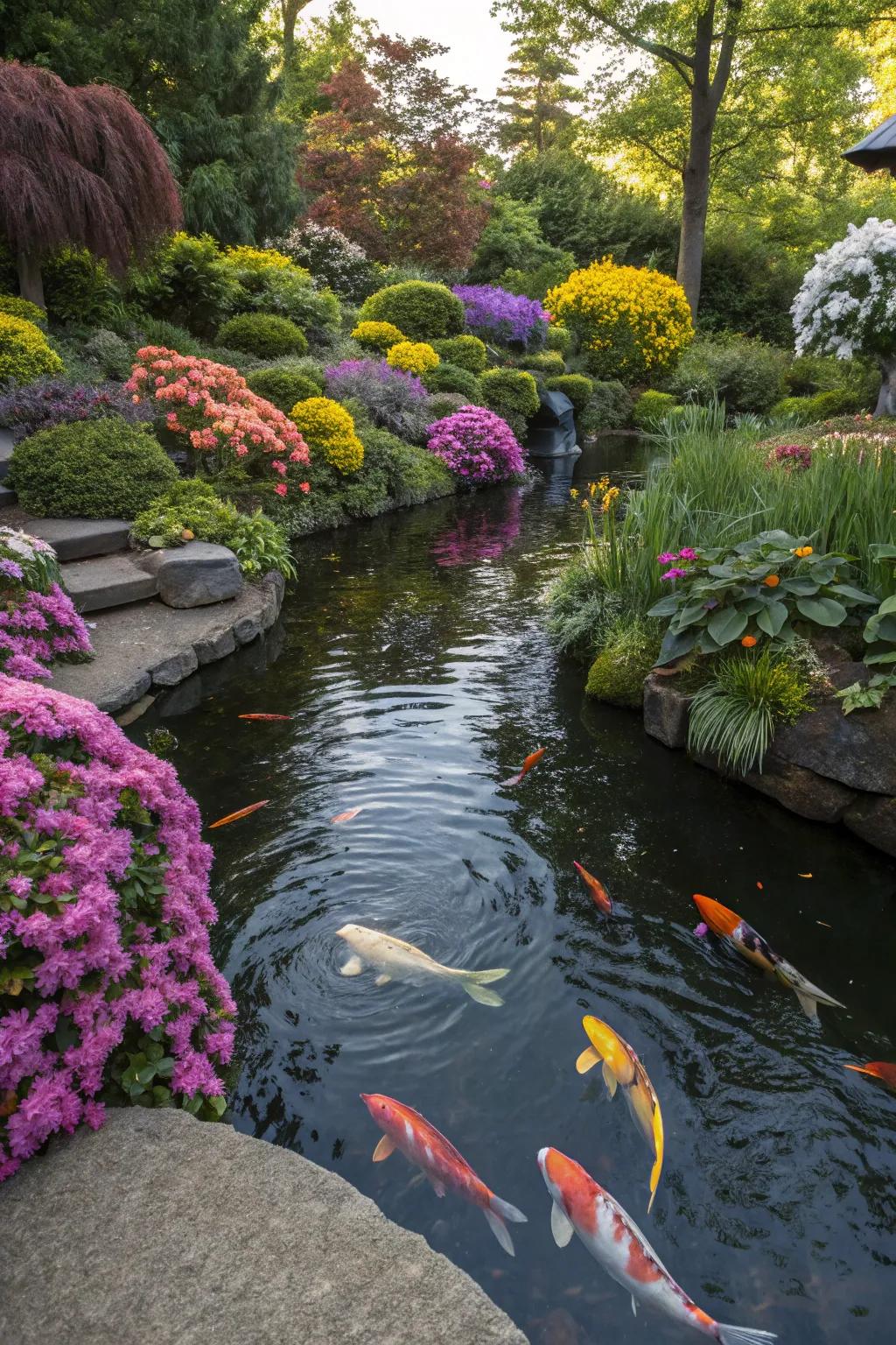 A koi pond enriched with the beauty of colorful flowers.