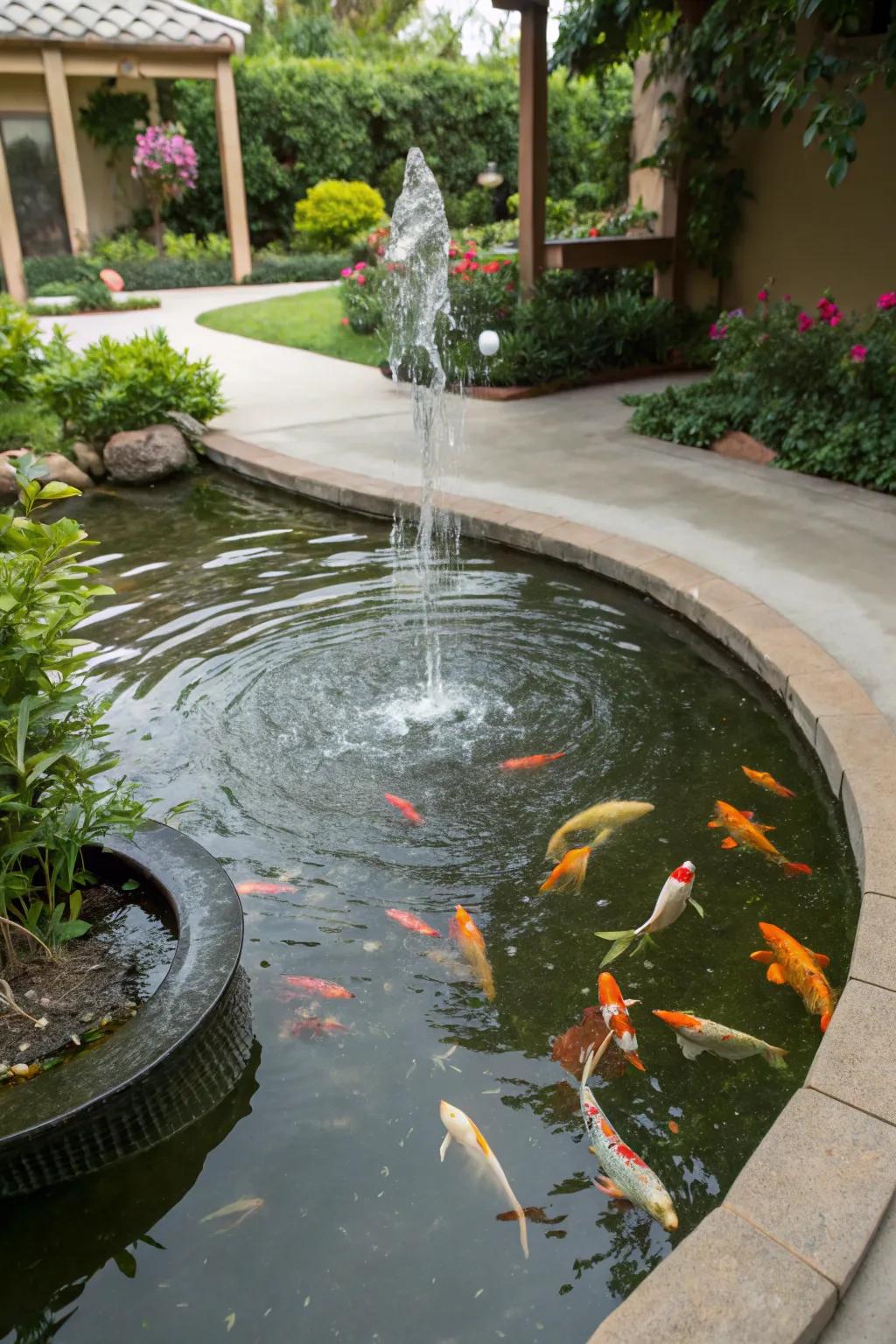 A small fountain adds charm and aerates this koi pond.
