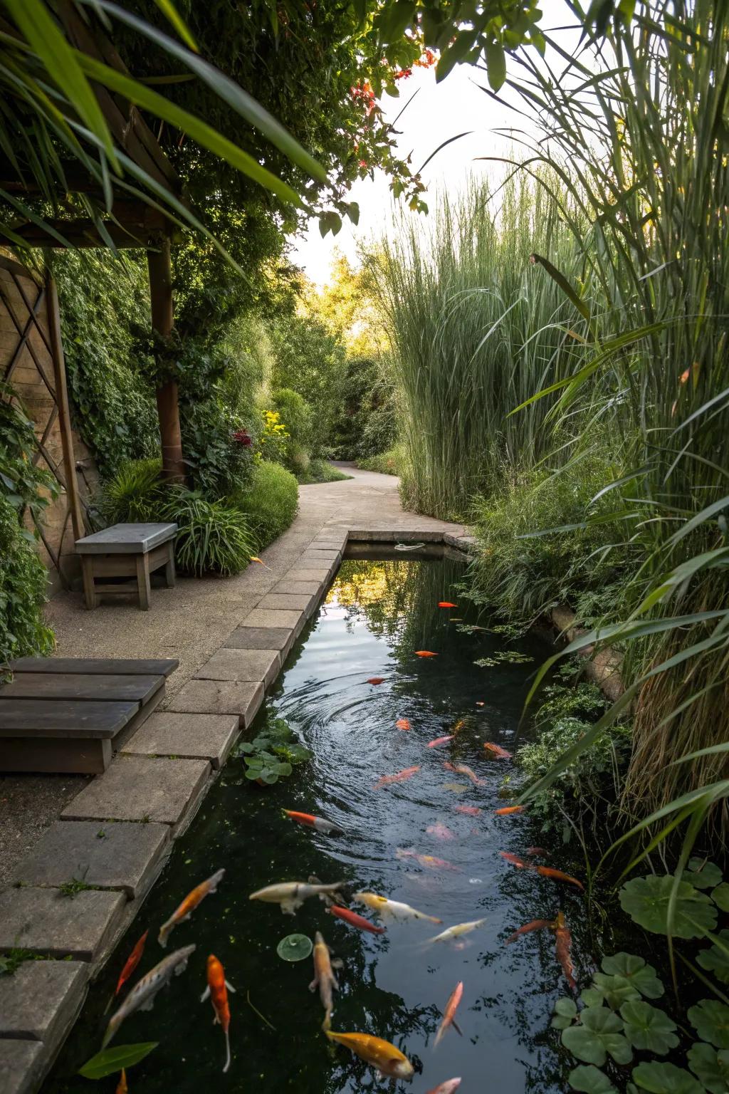 A secret garden ambiance with a koi pond at its heart.