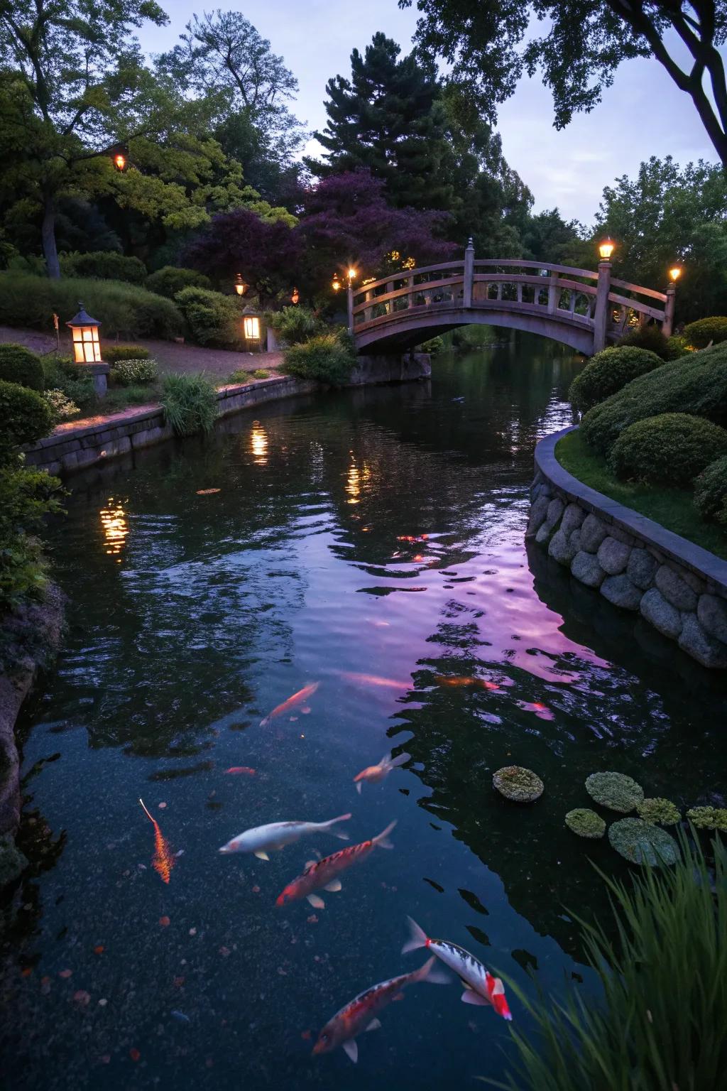 A koi pond beautifully lit for an enchanting nighttime effect.