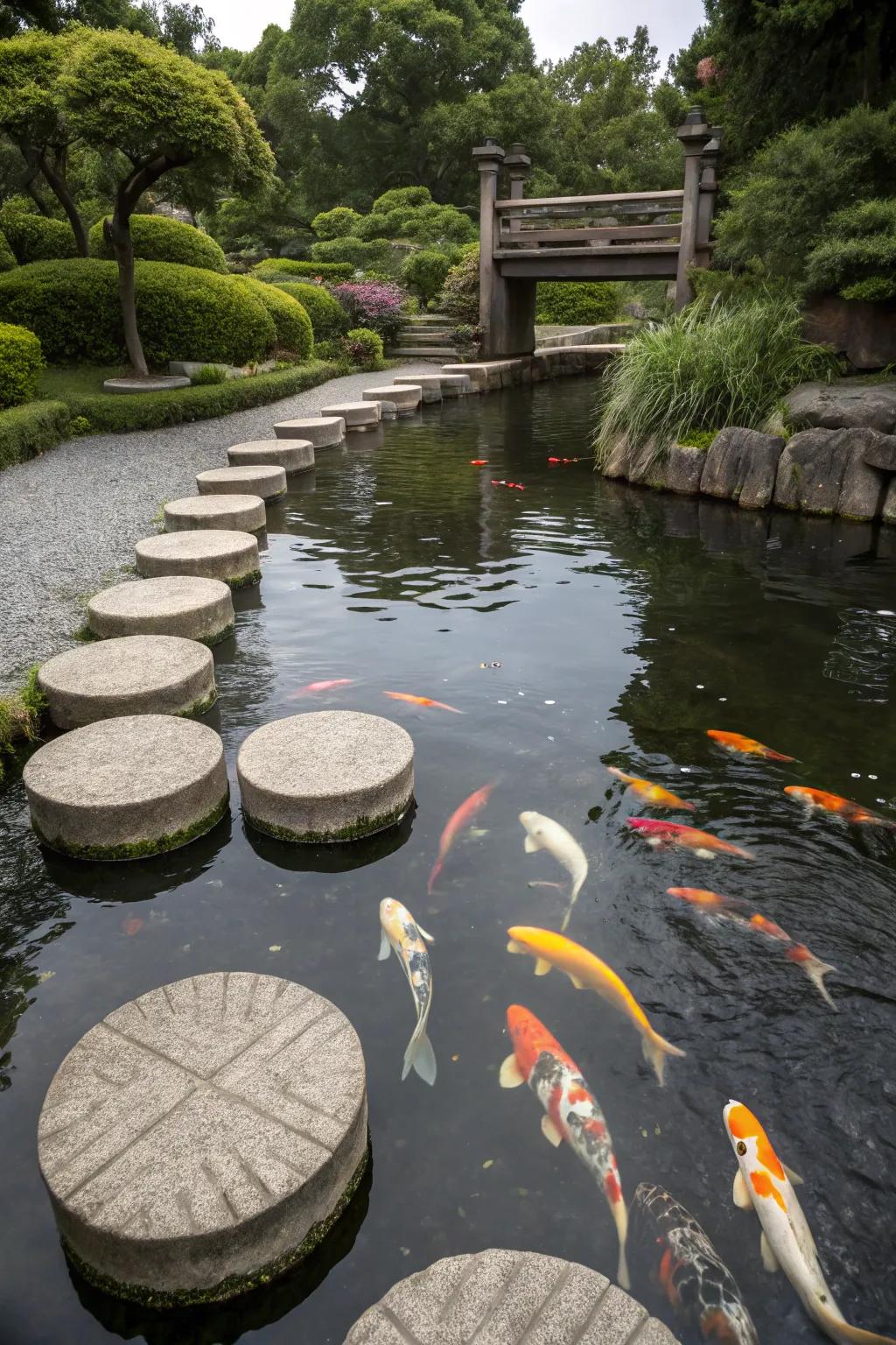Stepping stones provide a playful and practical touch to this koi pond.