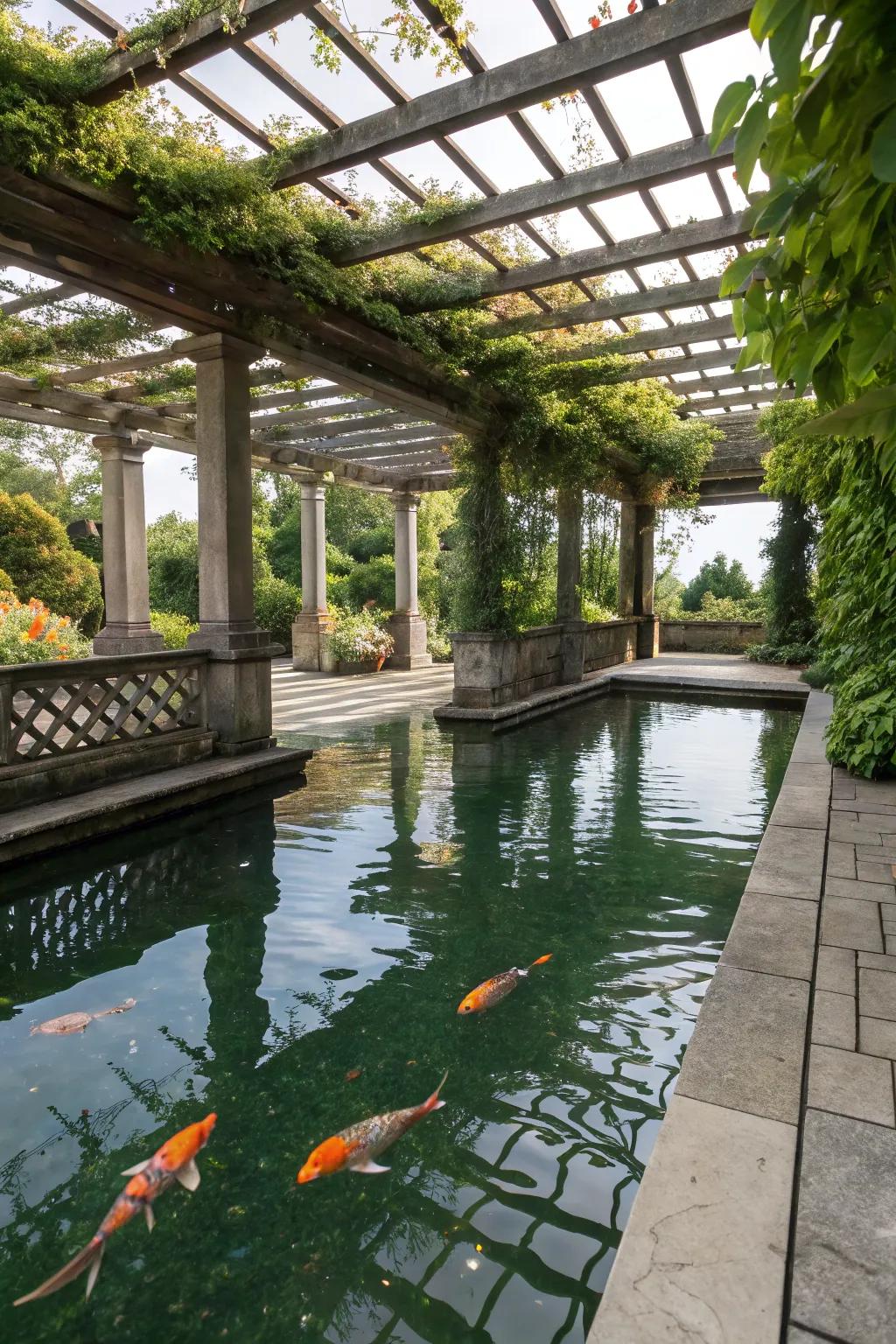 An elegant pergola enhances this koi pond's appeal.