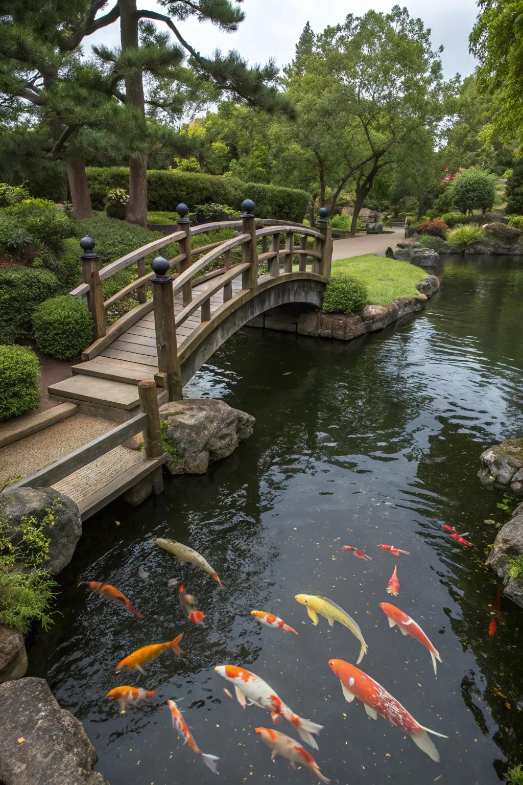 A delightful wooden bridge enhances this koi pond's charm.