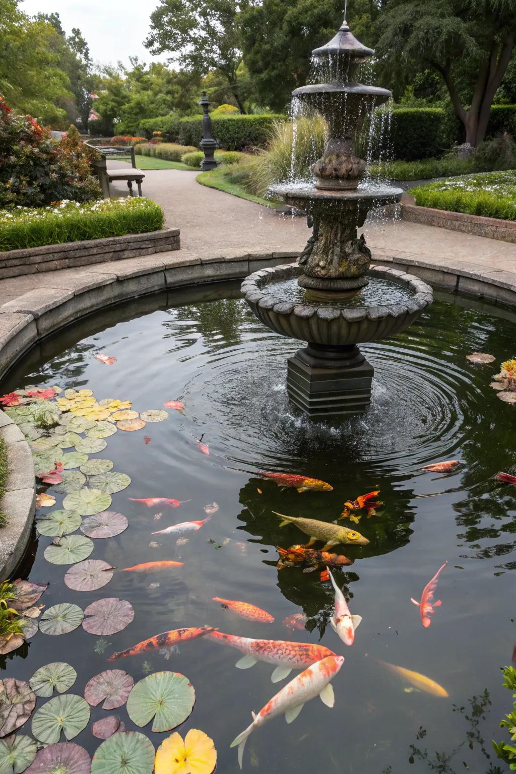 A decorative statue adds elegance to this koi pond.