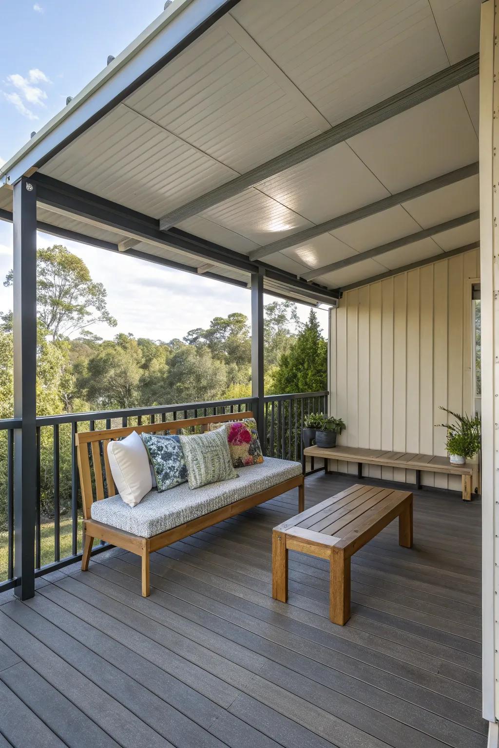 A covered area offers protection and comfort on your porch.