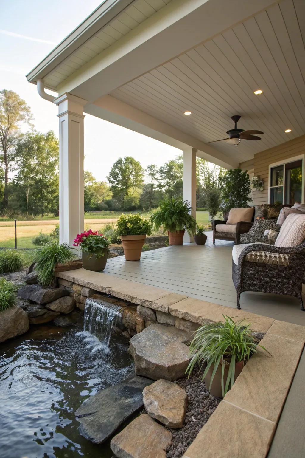 A water feature introduces tranquility to your porch.