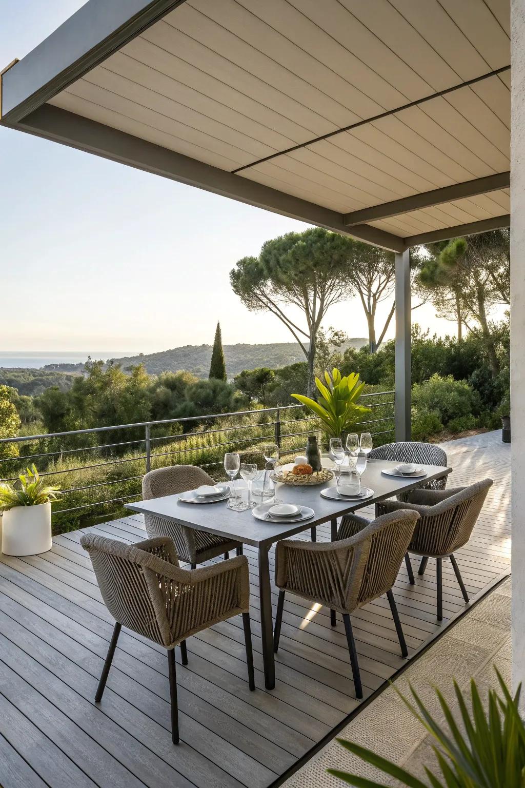 Enjoy outdoor dining on your stylish flat roof porch.