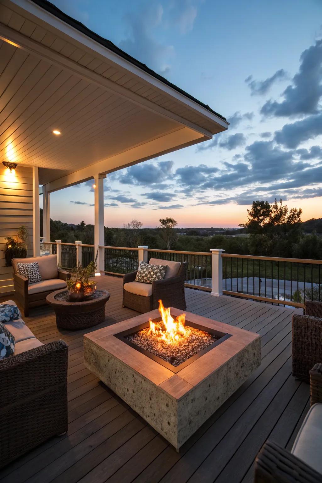 A fire pit creates a cozy gathering spot on your porch.