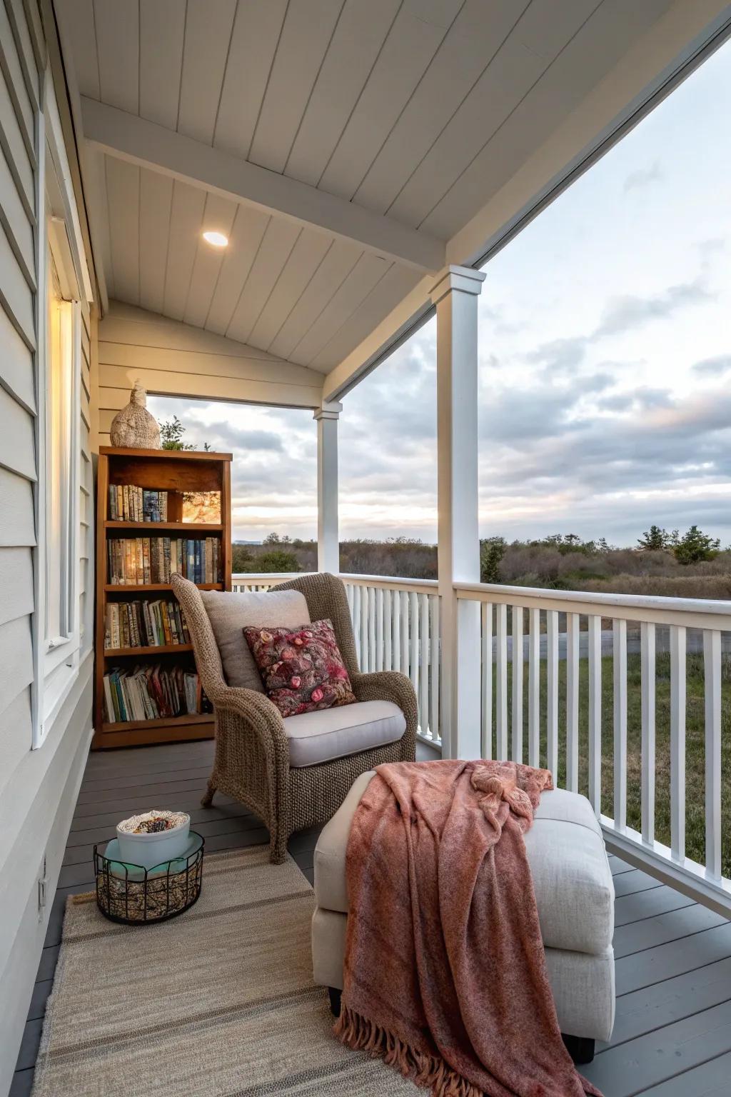 A reading nook offers a serene escape on your porch.
