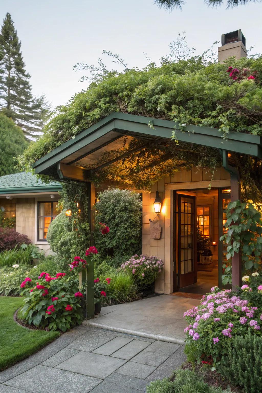 Living green roof canopy incorporating natural beauty.
