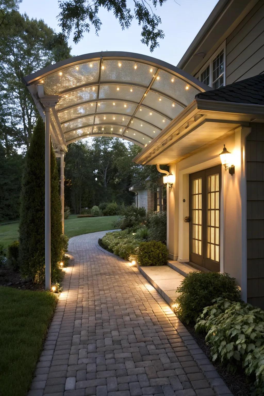 Canopy illuminated with integrated lighting for an inviting atmosphere.