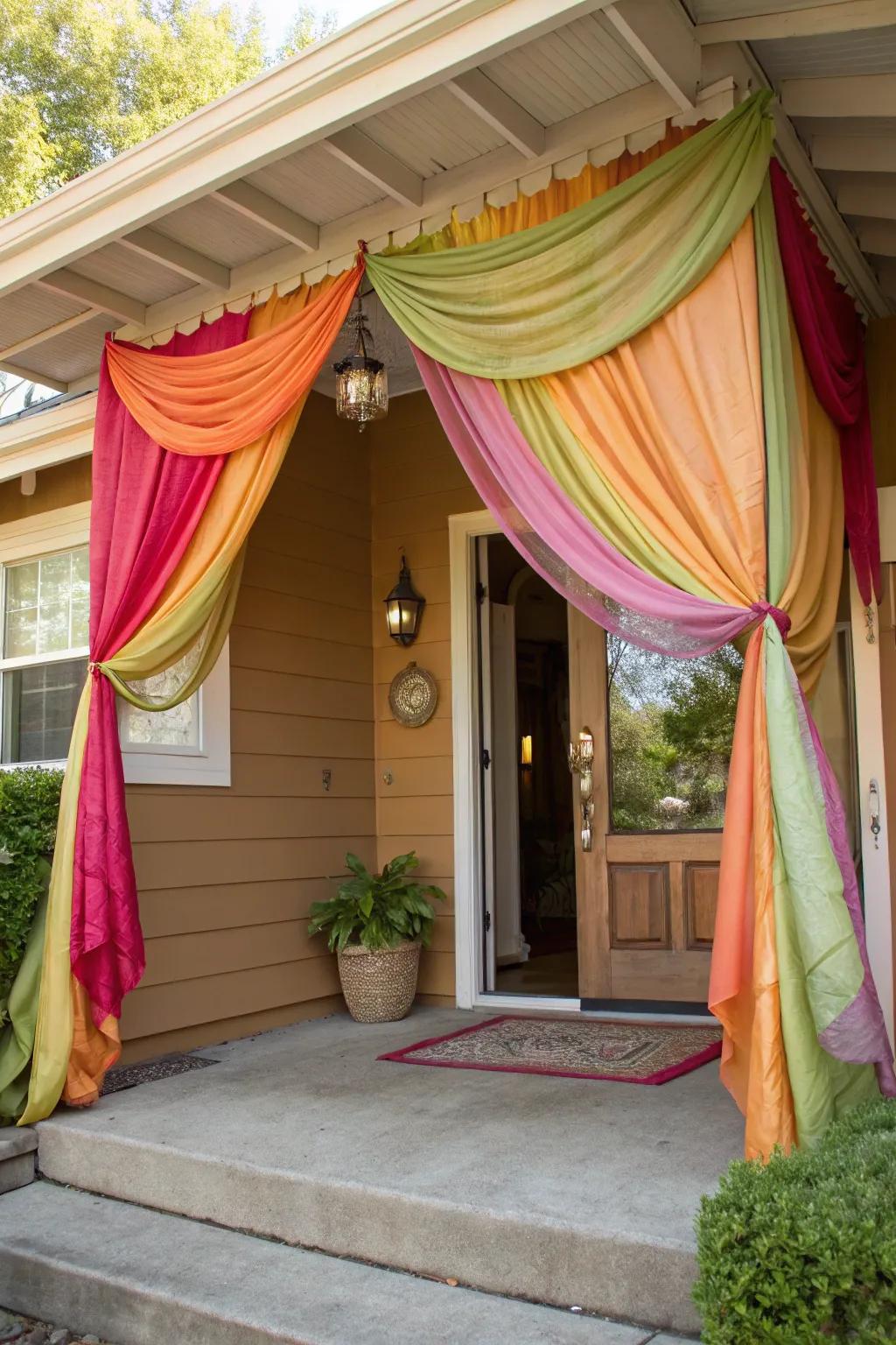 Fabric awning adding colorful charm to the entrance.