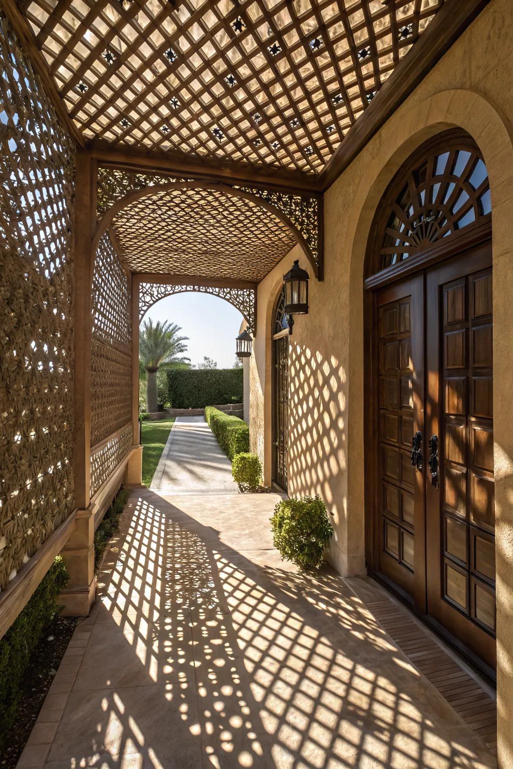 Lattice canopy producing dynamic light and shadow patterns.