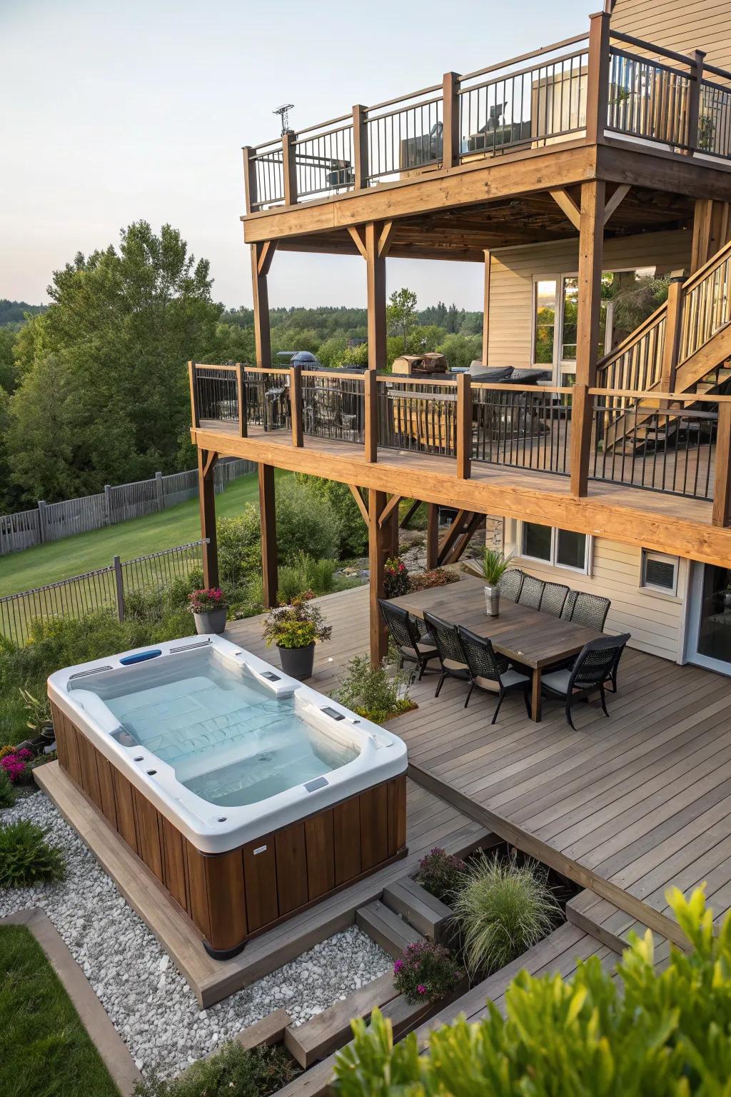 A multi-level deck featuring a swim spa below and a dining area above.