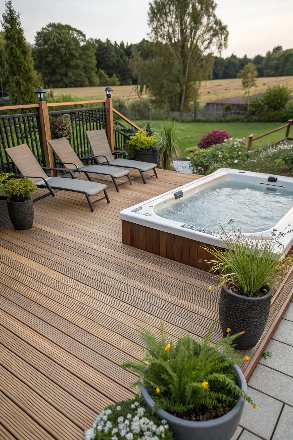 A wooden deck with lounge chairs and potted plants surrounding a swim spa for a cozy feel.