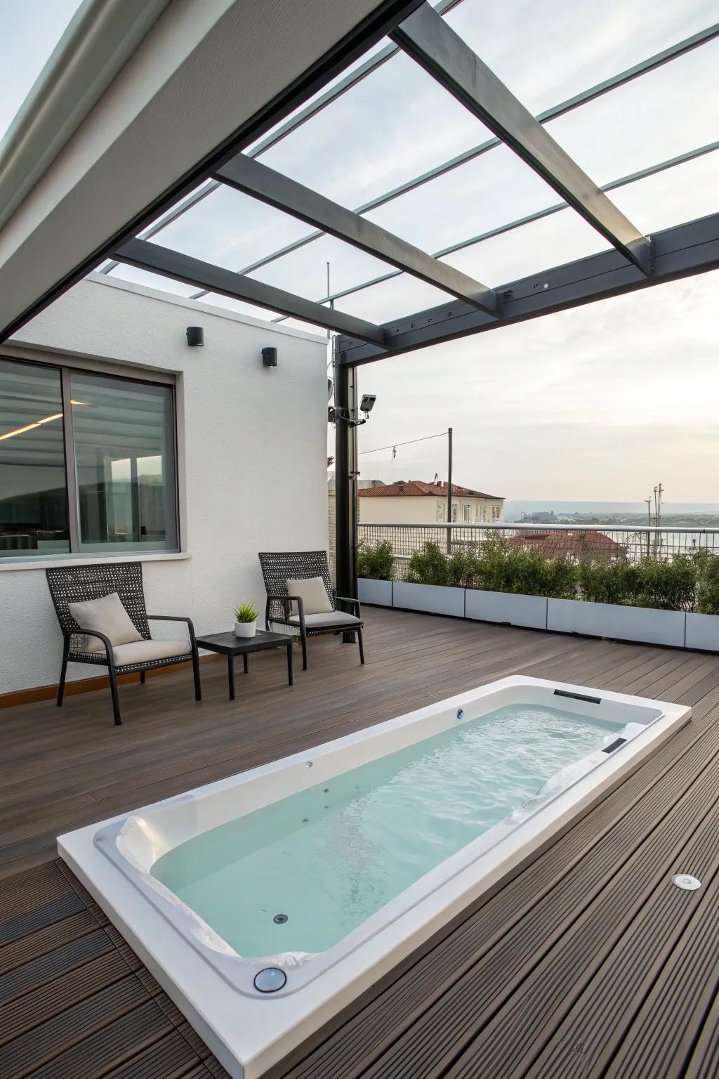 A sleek, modern minimalist swim spa deck with clean lines and minimal furniture.