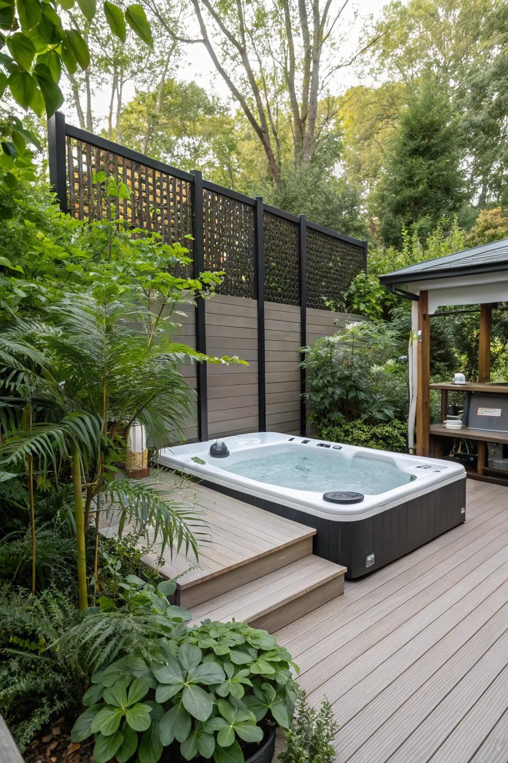 A swim spa deck with privacy screens and lush plants for a secluded ambiance.