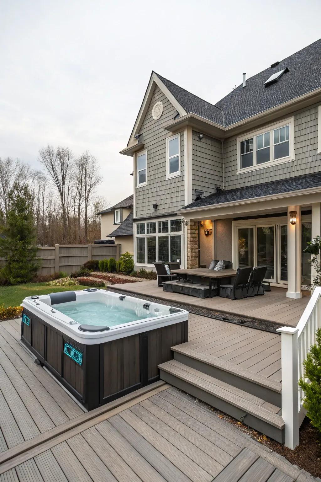 A swim spa deck that seamlessly integrates with the home's architecture.