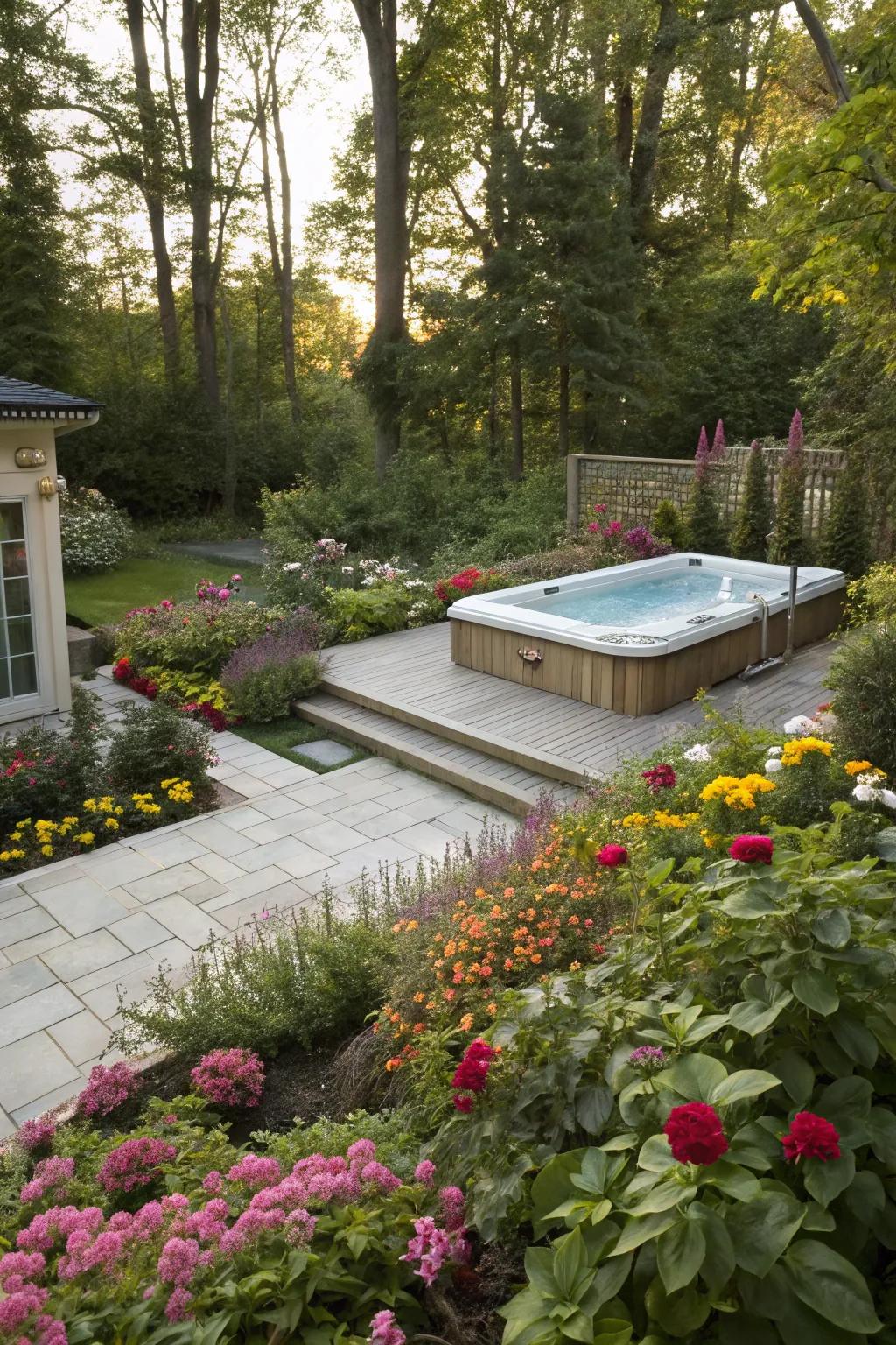 A swim spa deck beautifully integrated with a blooming garden.