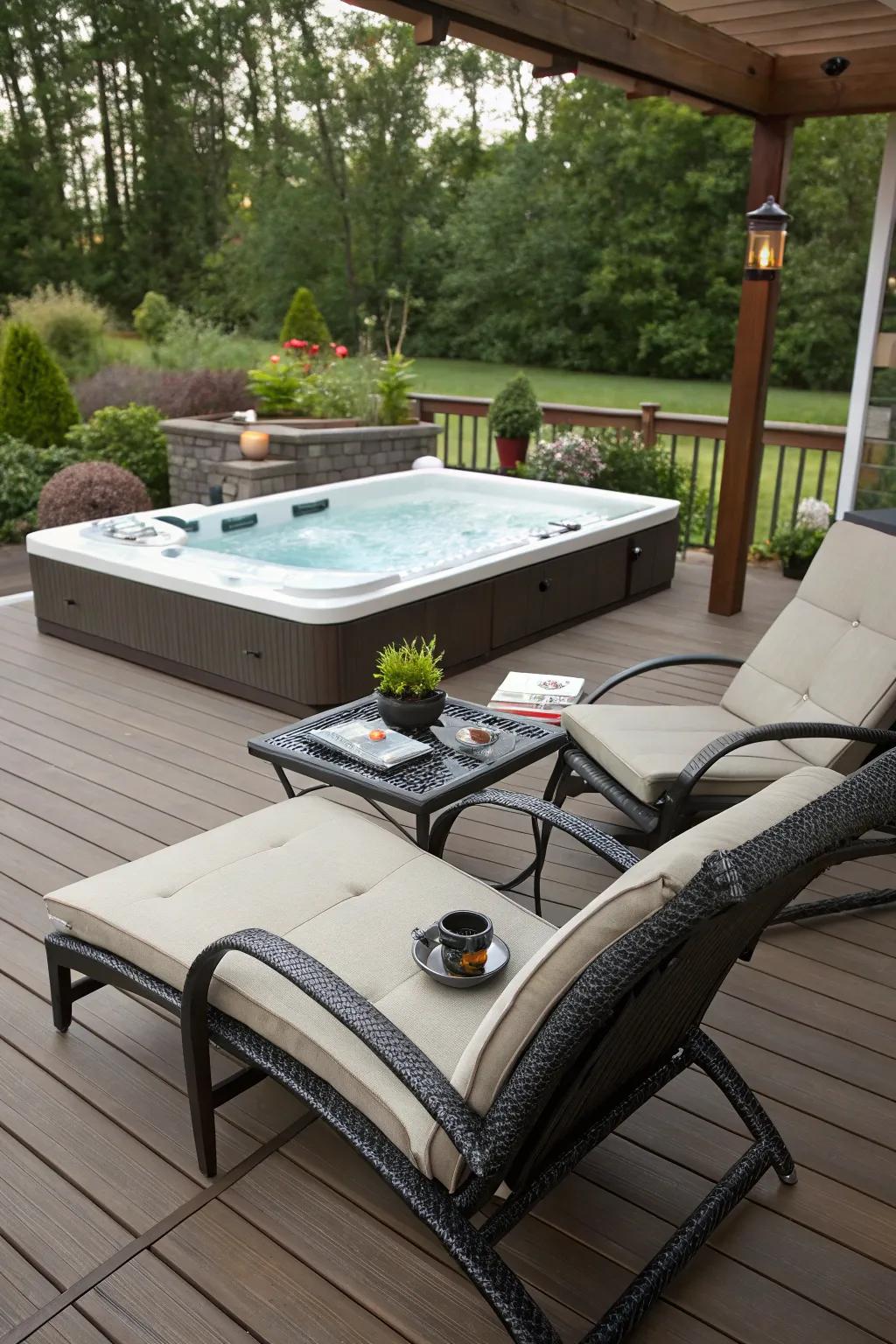 A comfortable lounge area next to a swim spa, perfect for relaxation.