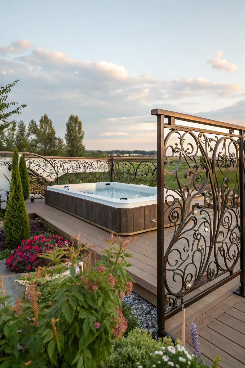 A swim spa deck with artistic metal railings for a unique touch.