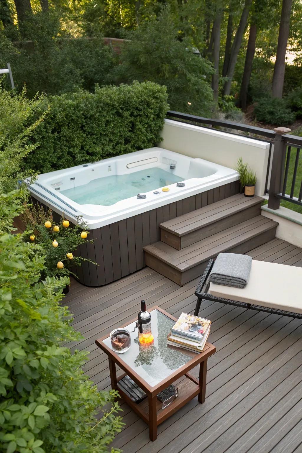 A swim spa deck with cozy built-in seating for added comfort.
