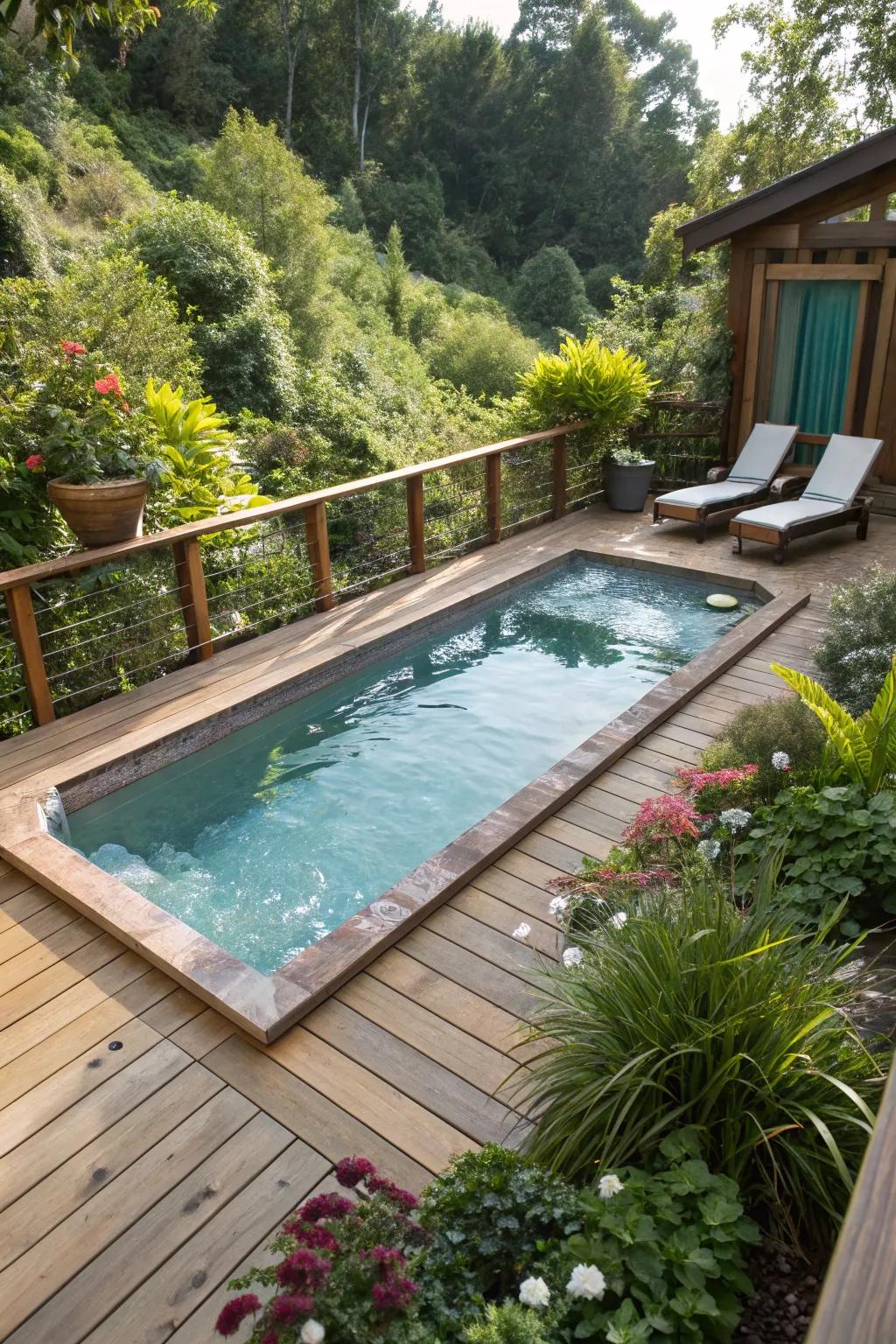 A sunken swim spa elegantly integrated into the deck.