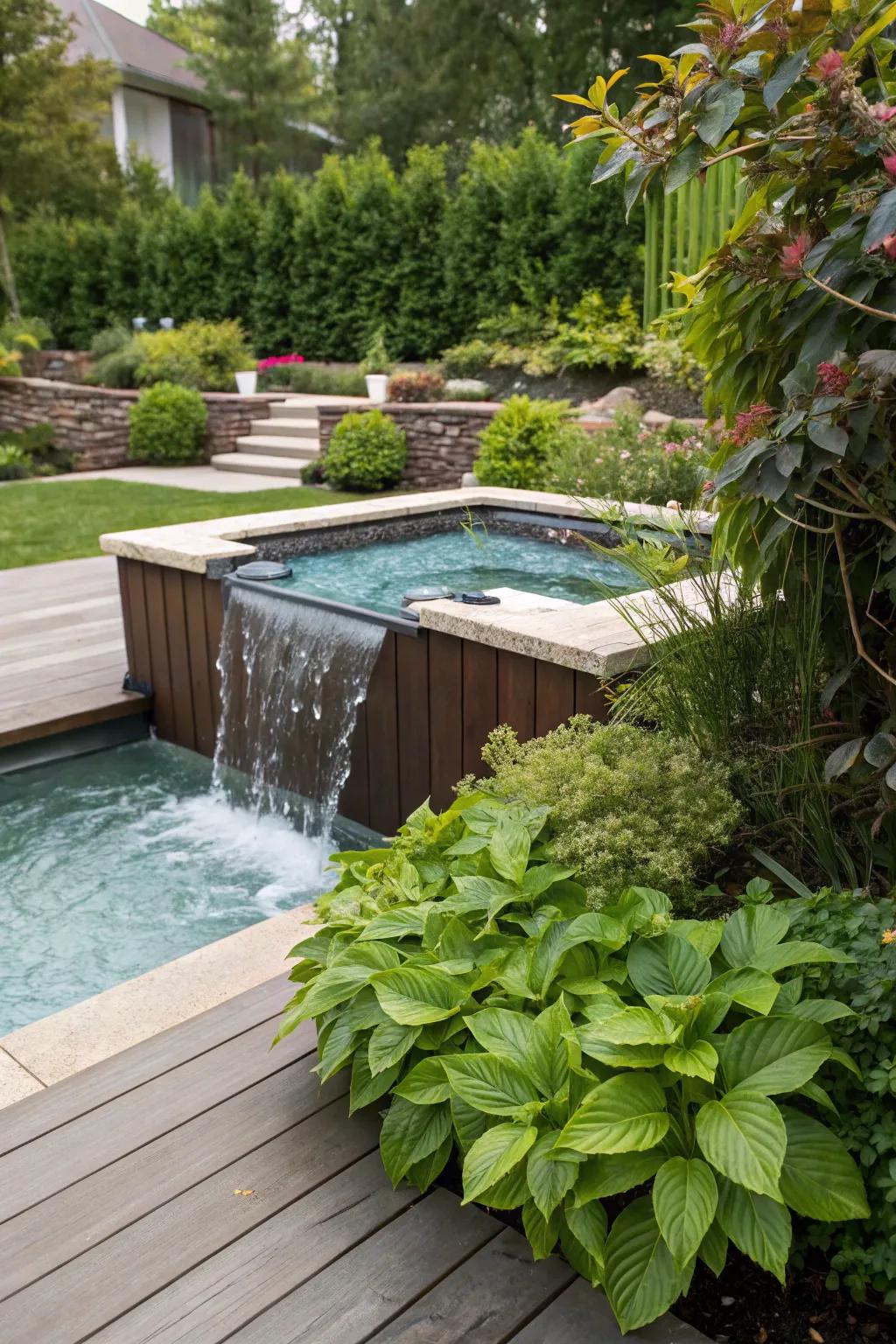 A tranquil swim spa deck with a small waterfall feature.