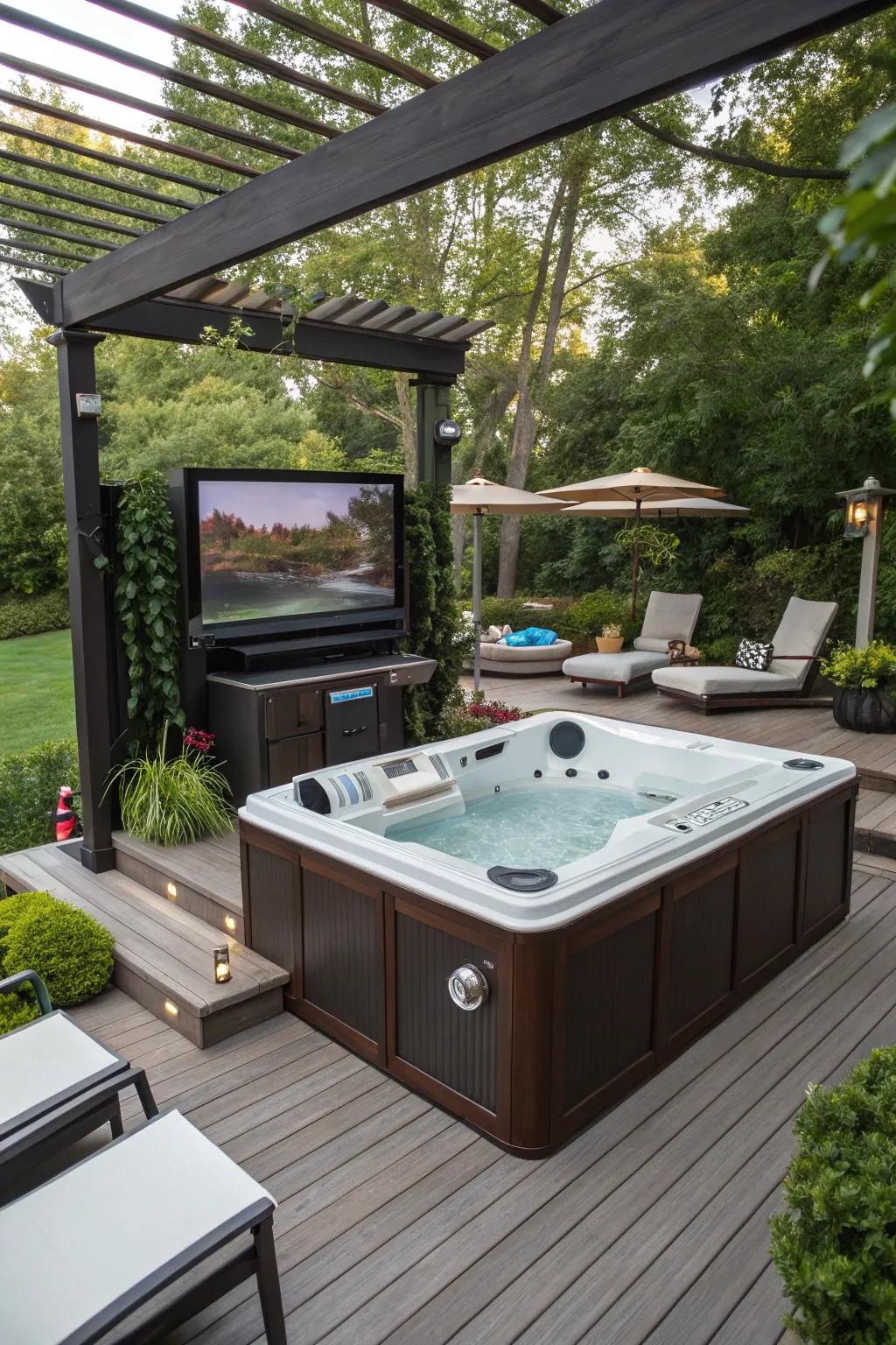 A swim spa deck transformed into an entertainment hub with an outdoor TV.
