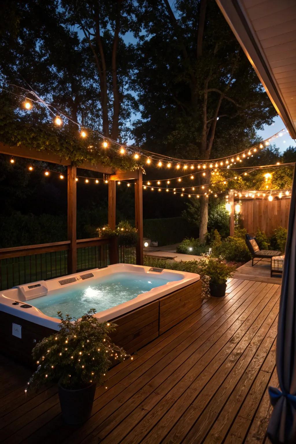 An enchanting swim spa deck lit by string lights and built-in deck lighting.