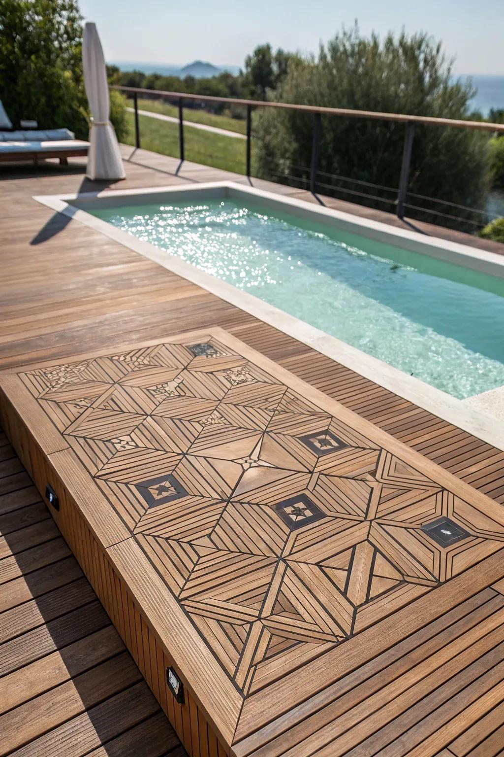 A swim spa deck featuring creative geometric wood patterns.