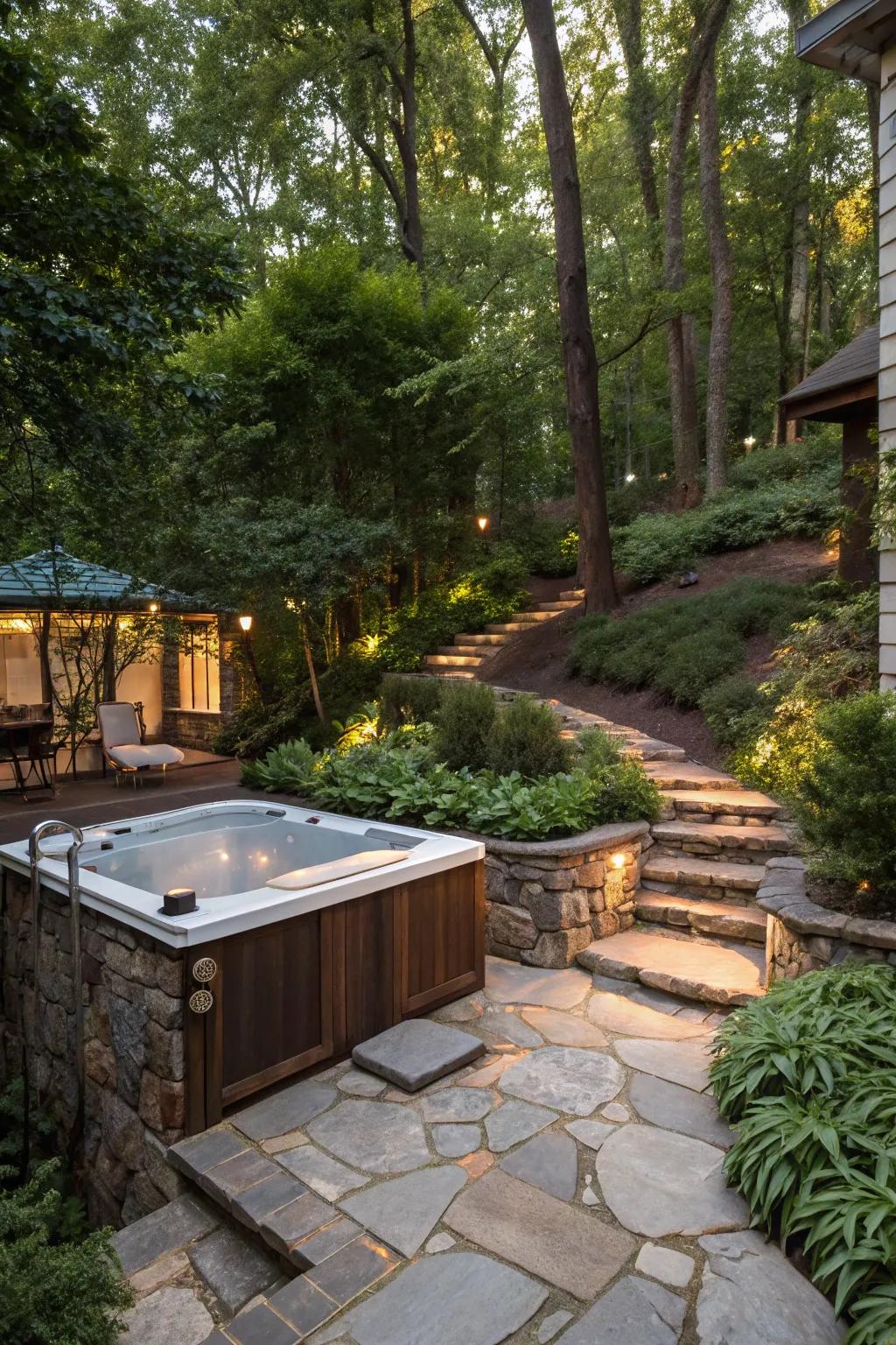 A nature-inspired swim spa deck with lush greenery and stone elements.
