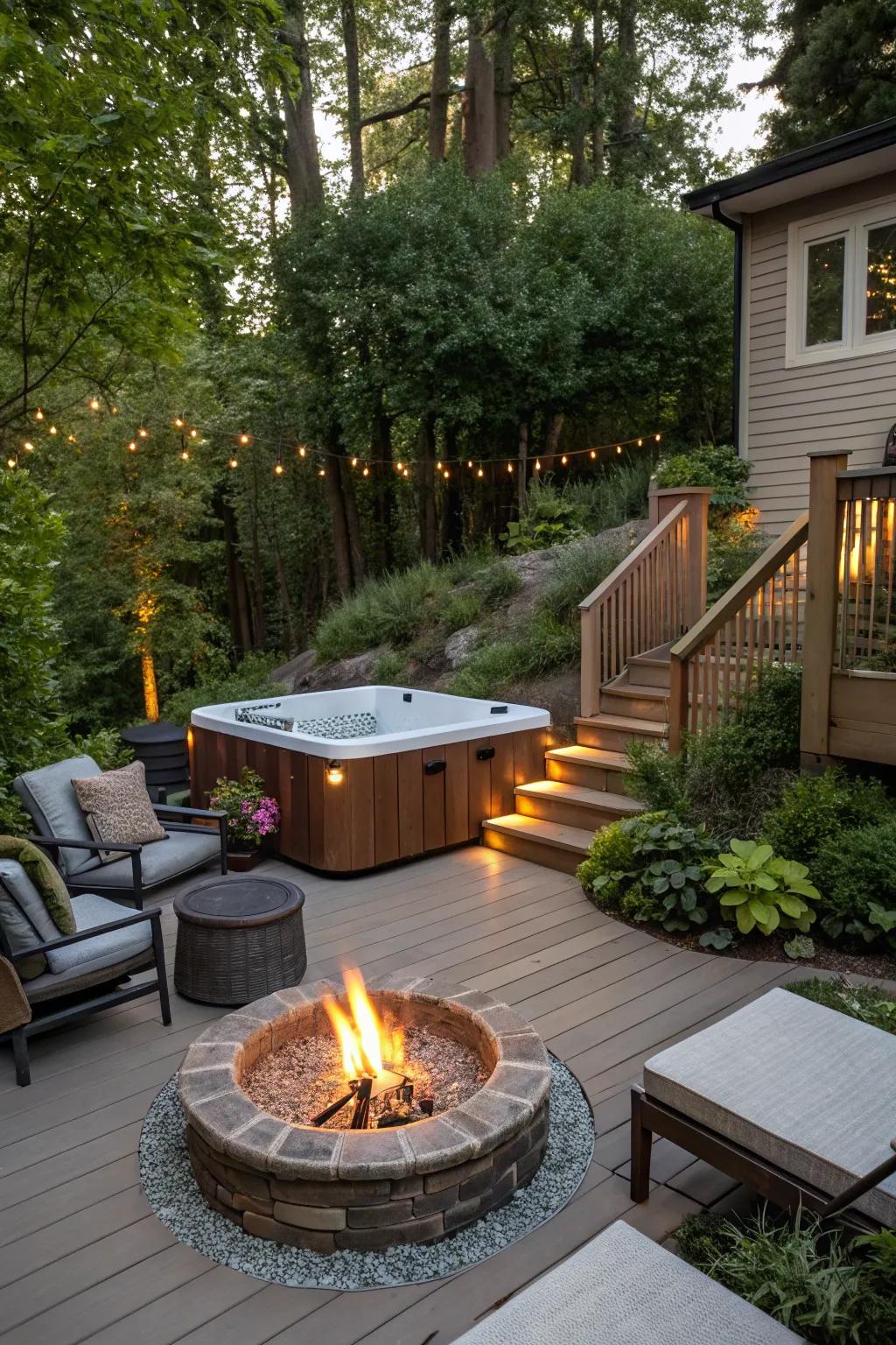 A swim spa deck featuring a cozy fire pit for warm evenings.