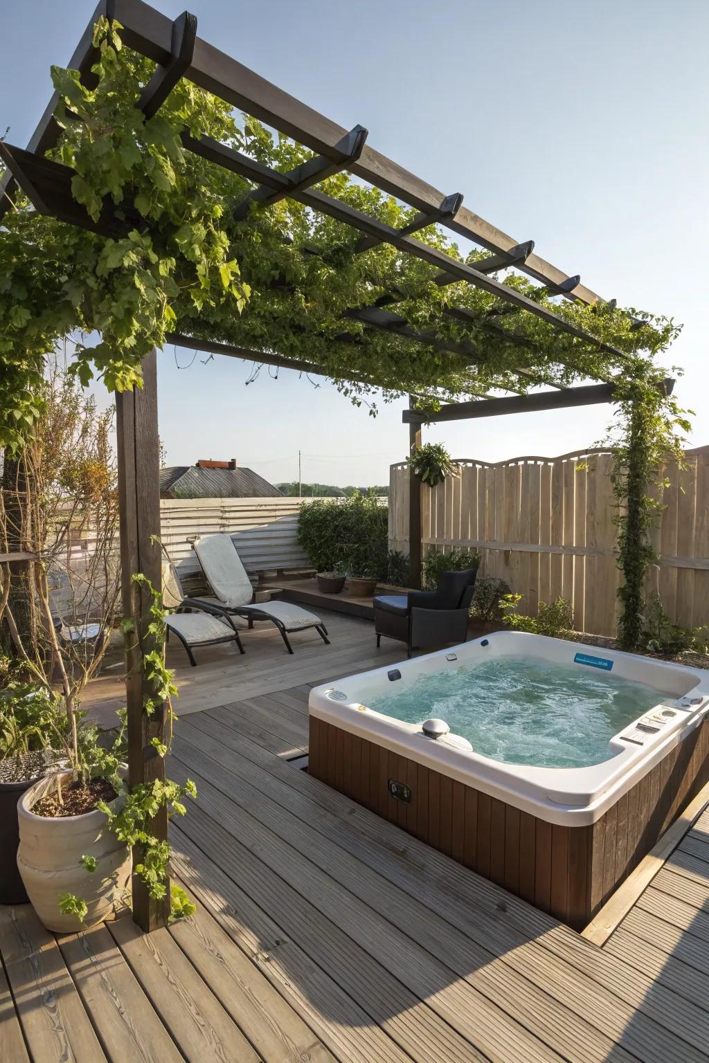 A swim spa deck with a pergola offering shade on a sunny day.