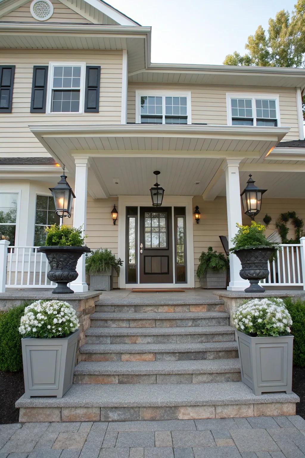 Symmetrical decor elements on porch.