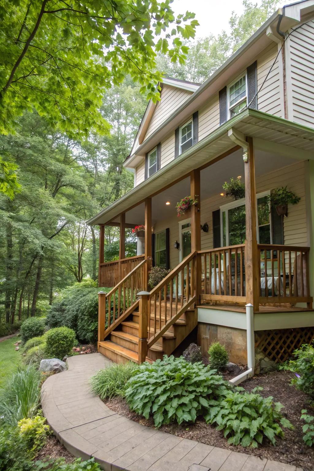 Natural wood accents enhancing porch warmth.