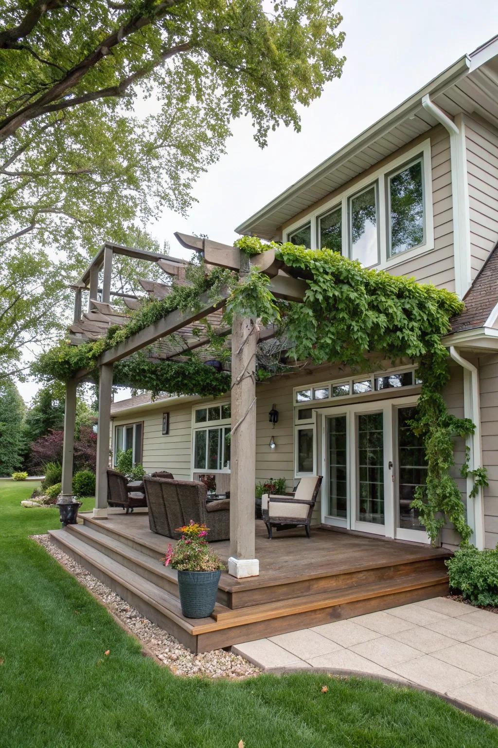Wooden pergola providing shade and architectural appeal.