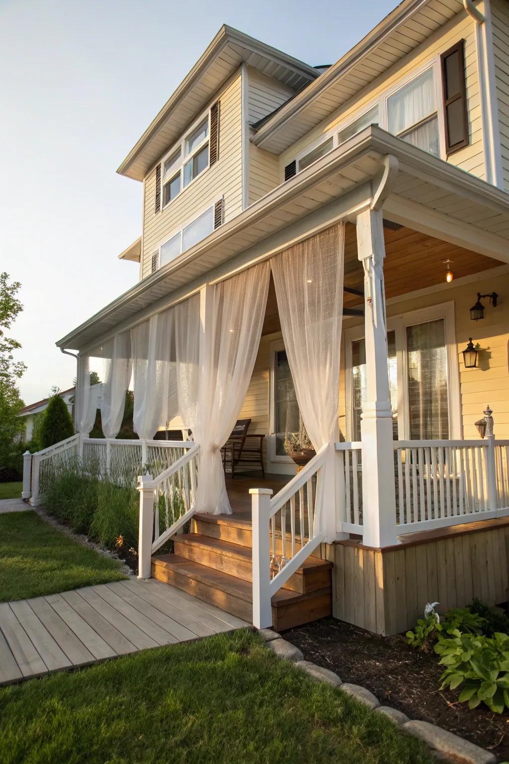 Outdoor curtains enhancing porch privacy and style.
