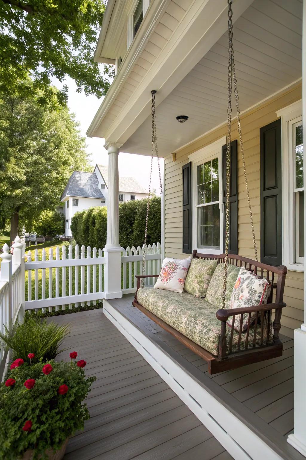 Classic porch swing creating a welcoming vibe.