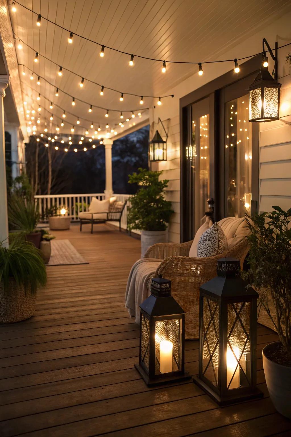 Lanterns and twinkling string lights illuminating a porch atmosphere.